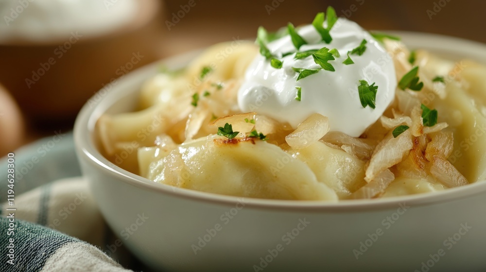 Delicious Pierogi with Creamy Sour Cream and Crispy Onions Delicious Pierogi with Creamy Sour Cream and Crispy Onions