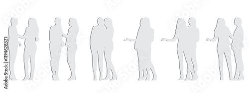 Vector concept conceptual gray paper cut silhouette of two women standing and talking from different  perspectives isolated on white. A metaphor for communication and friendship, collaboration and bus