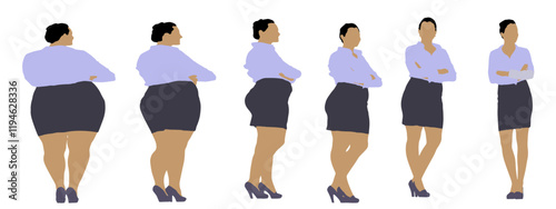 Conceptual fat overweight obese female vs slim fit healthy body after weight loss or diet on white background banner. A  fitness, nutrition or obesity, health shape illustration vector as silhouettes