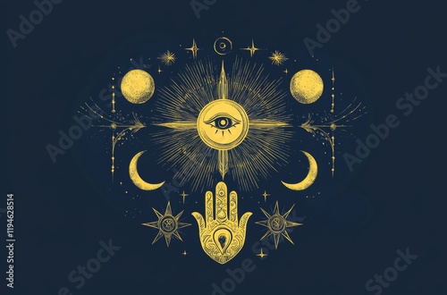 Mystical Celestial Art: Hand, Eye, and Cosmic Elements photo