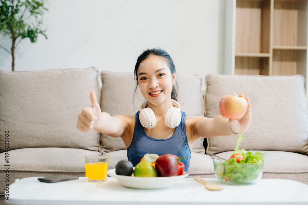 Woman enjoys a fresh salad with fruits and juice, embodying wellness, nutrition, and vitality Woman enjoys a fresh salad with fruits and juice, embodying wellness, nutrition, and vitality