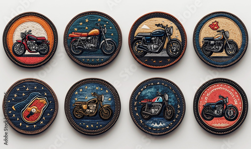 6 colorful motorcycle patches in 90's style on fabric. Orthoganic view. Highest Resolution on the white background