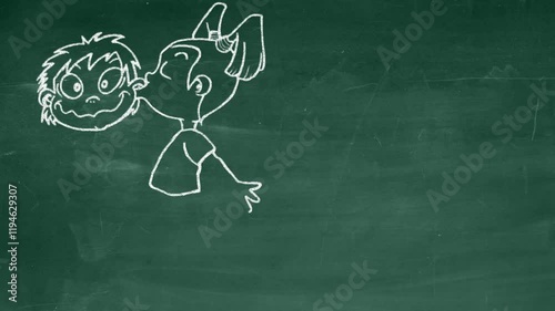 Chalkboard-style animation with playful characters sharing a quirky romantic moment. Perfect for love-themed projects or fun designs