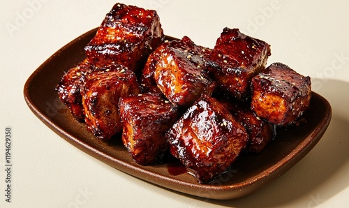 Delicious char siu tender with a sweet glaze presented on a brown plate against a light cream background