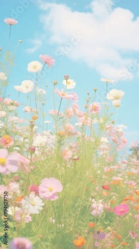Fototapeta Naklejka Na Ścianę i Meble -  Flower meadow sky landscape grassland.