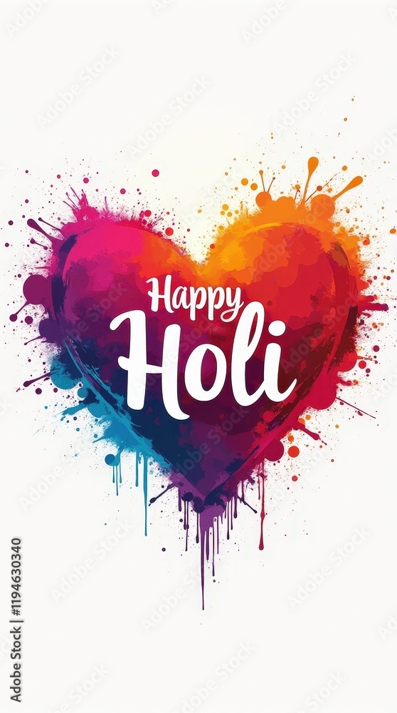 Obraz premium A Holi-themed gift card showcasing a playful splash of colors shaped like a heart. The words 'Happy Holi' appear inside the heart