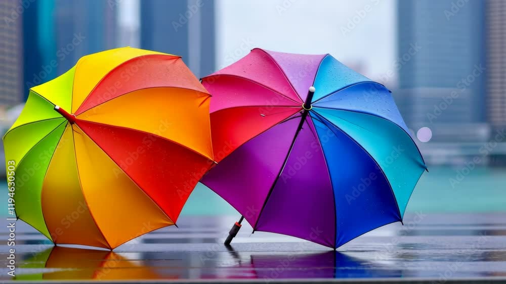 Two colorful umbrellas are standing next to each other, one of which is slightly tilted. The scene is set in a city, with a body of water in the background. The umbrellas are open