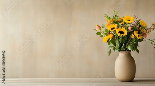 Wallpaper Mural Sunflower and Rose Arrangement in a Simple Vase Indoor Setting Still Life Warm Atmosphere Torontodigital.ca