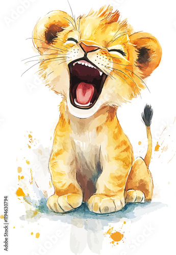 Little Lion Roaring Watercolor. Vector Illustration Art.