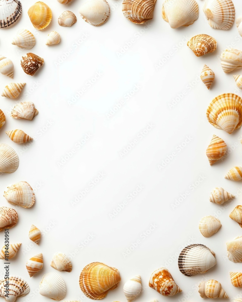 Obraz premium Seashell Collection on White Background Coastal Decor Photography Minimalist Environment Top View Nature's Beauty