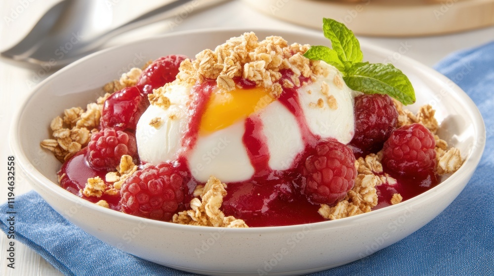 A colorful breakfast bowl topped with fresh raspberries, creamy yogurt, a poached egg, and crunchy granola sits on a vibrant blue napkin