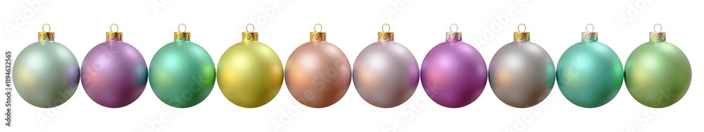 A line of different colorful christmas baubles on white background A line of different colorful christmas baubles on white background
