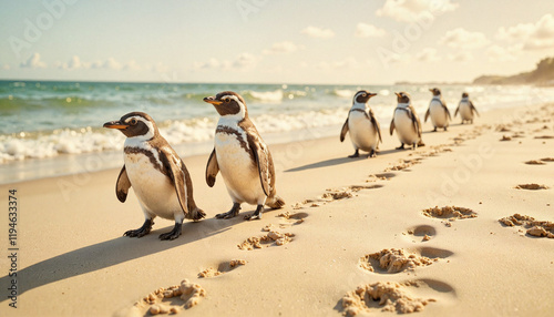 Penguins walking on sandy beach by the ocean