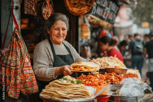 An elderly woman cheerfully offers a variety of vibrant, traditional foods at an outdoor market stand, showcasing cultural culinary delights and community spirit.