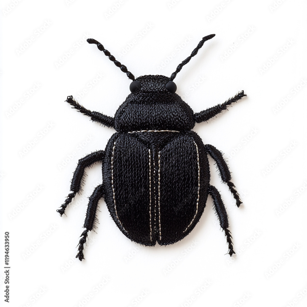 A black beetle embroidery patch on white background. A black beetle embroidery patch on white background.