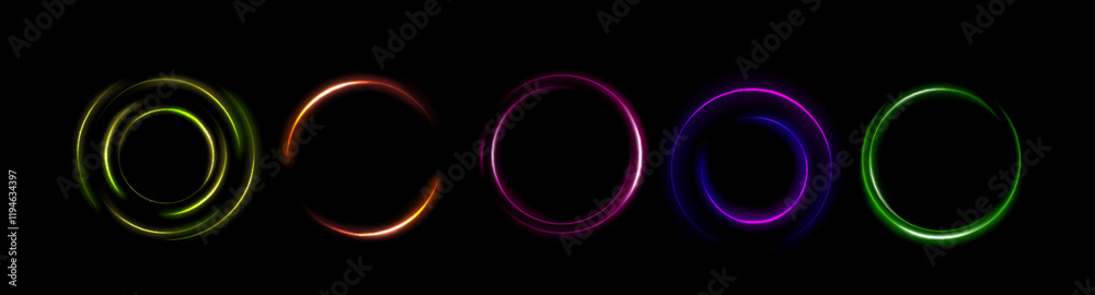 Neon light circles set isolated on black background. Vector realistic illustration of round yellow, orange, blue, green color portal glowing in darkness, futuristic portal design, abstract space swirl