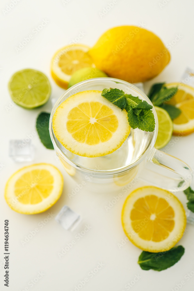 Top view of a refreshing glass of water garnished with a slice of lemon and fresh mint leaves, surrounded by whole lemons, limes, mint sprigs, and ice cubes on a white background Top view of a refreshing glass of water garnished with a slice of lemon and fresh mint leaves, surrounded by whole lemons, limes, mint sprigs, and ice cubes on a white background