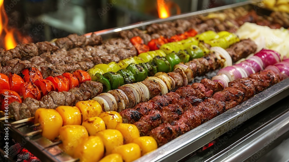 custom made wallpaper toronto digitalColorful grilled meat and vegetable skewers on a metal tray.
