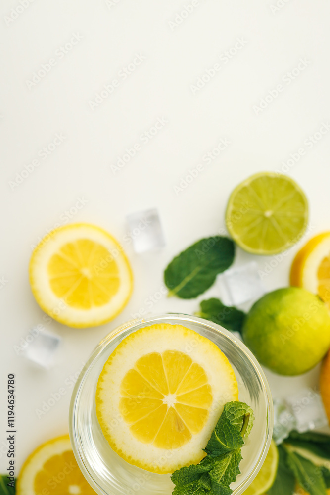 Top view of a refreshing glass of water garnished with a slice of lemon and fresh mint leaves, surrounded by whole lemons, limes, mint sprigs, and ice cubes on a white background Top view of a refreshing glass of water garnished with a slice of lemon and fresh mint leaves, surrounded by whole lemons, limes, mint sprigs, and ice cubes on a white background