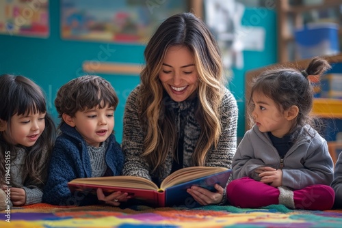 A smiling teacher reads a captivating book to three attentive children while sitting together on the classroom floor, nurturing imagination and learning.