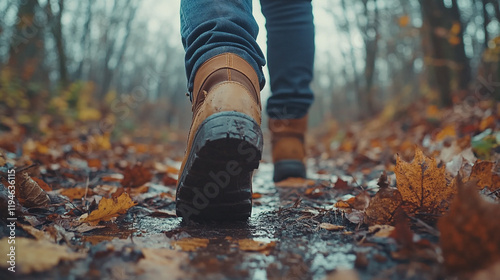 Enjoying a peaceful walk through a rainy forest trail covered in autumn leaves photo