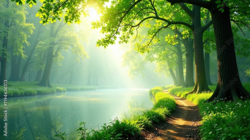 Obraz premium Serene Morning Mist Envelops a Picturesque Woodland Path Beside a Calm River, Bathed in the Golden Light of Sunrise