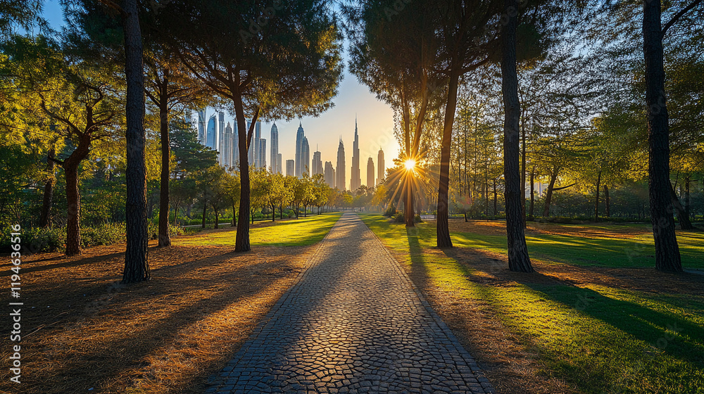 Naklejka premium Sunlight filters through trees along a path with a city skyline in the background at sunset