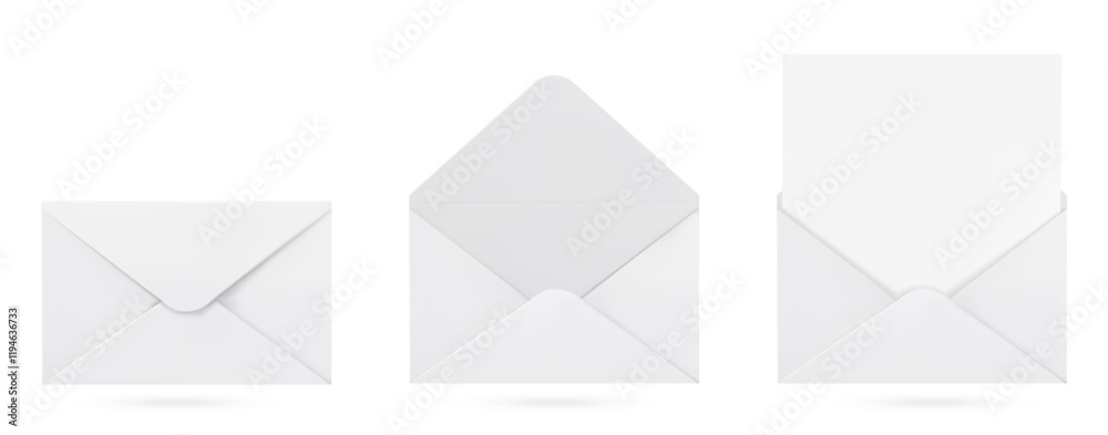 3D envelope mockups set isolated on white. Vector realistic illustration of open closed letters with blank paper sheet inside, mail document, e-mail icon, text message symbol, business correspondence 3D envelope mockups set isolated on white. Vector realistic illustration of open closed letters with blank paper sheet inside, mail document, e-mail icon, text message symbol, business correspondence