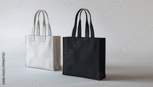 Mockup black white Tote. Shopper tote bag handbag isolated on grey background. Copy space shopping eco reusable bag. Grocery accessories. Template blank cotton material canvas cloth. Tote bag mockup.
