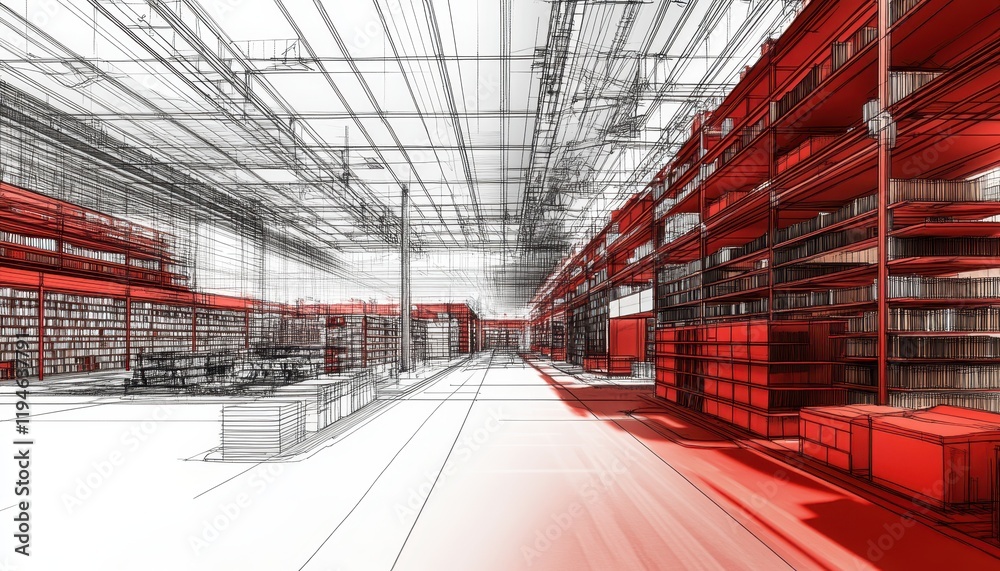 Obraz premium Architectural Design Visualization Warehouse Red and White Blueprint 3D Model Rendering