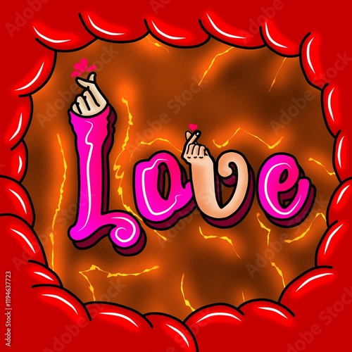 Valentine background, 3d finger illustration, love text, Hand lettering, calligraphy, lightning and cloud effect