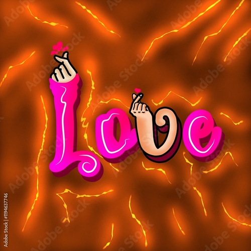 Valentine background, 3d finger illustration, love text, Hand lettering, calligraphy, lightning effect