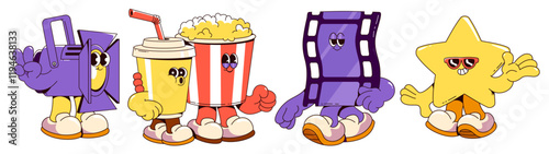 Groovy cinema mascot set - cheerful spotlight, beverage cup, popcorn bucket, film strip and celebrity star wearing retro shoes. Movie theater characters with expressive faces and friendly gestures.