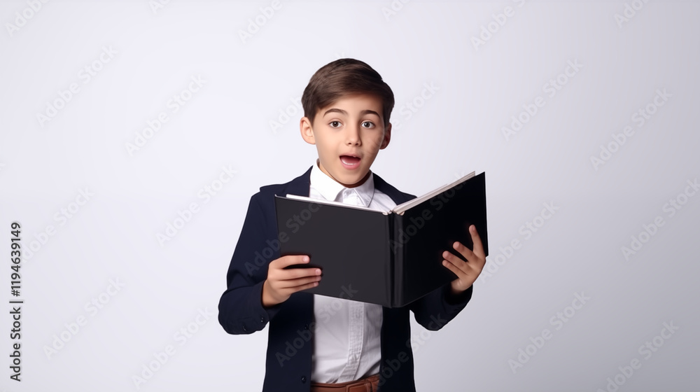 Engaged Schoolboy with Open Science Book on Transparent Background Engaged Schoolboy with Open Science Book on Transparent Background
