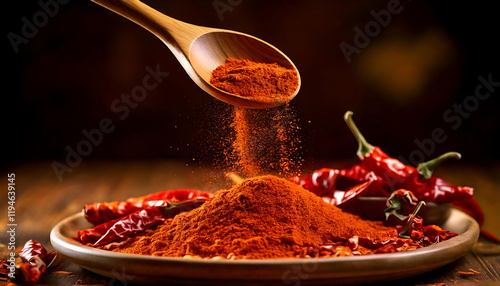 Vibrant red chili powder pours from a wooden spoon onto a rustic plate, surrounded by dried chilies.  A dramatic, high-quality image perfect for food blogs, recipe websites, or spice packaging.