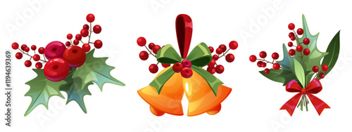 Holly berry branches set isolated on white. Vector cartoon illustration of winter holiday decor, bunch of green plant with red berries, golden bells and ribbon bow decoration, Christmas card element