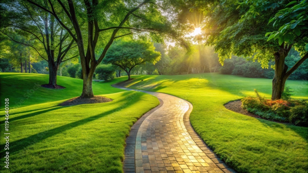 Obraz premium Serene Morning Stroll Along a Sunlit Brick Path in a Lush Green Park