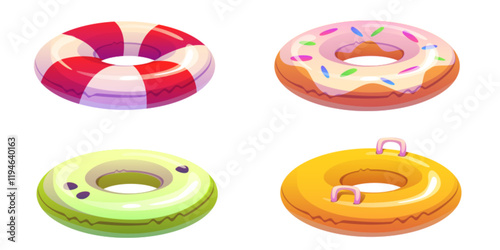 Colorful inflatable pool ring collection - striped lifebuoy in red white pattern, glazed donut with sprinkles, kiwi green design and classic orange float with handles. Summer swimming accessories set.