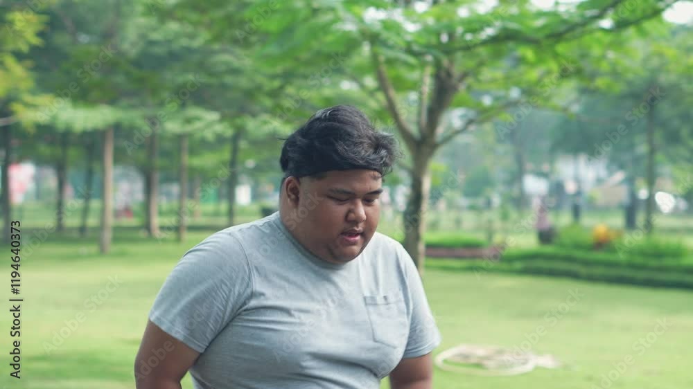 Asian Fat Man Tired After Running And Taking a Deep Breath Then Continuing With Walking In The Park Asian Fat Man Tired After Running And Taking a Deep Breath Then Continuing With Walking In The Park