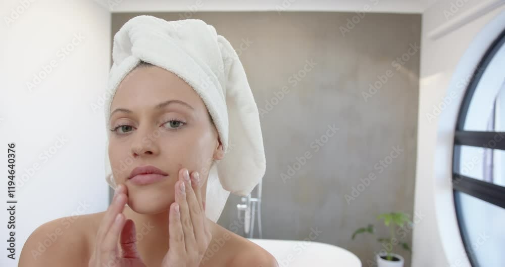 Applying skincare, young woman with towel on head in spa bathroom, copy space Applying skincare, young woman with towel on head in spa bathroom, copy space