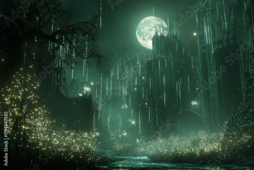 A dramatic gothic scene with grand, mysterious structures shrouded in eerie green moonlight, surrounded by glowing fireflies, depicting a dark and enchanting world. photo