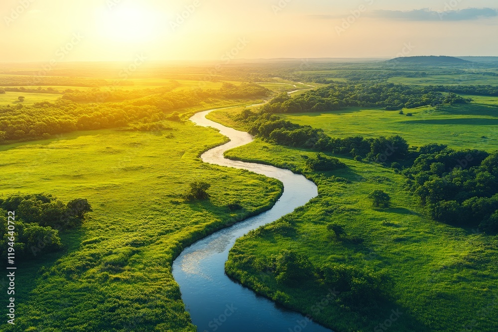 Obraz premium An aerial view of a winding river flowing through verdant fields beneath a bright, sunny sky, epitomizing the tranquility and beauty of nature's landscapes.