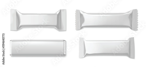 Chocolate bar mockup set with blank white packaging - rectangular snack wrapper templates, sealed foil sachet variations, realistic confectionery packet designs. Sweet product branding layouts.