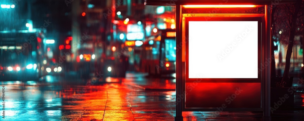 A blank bus stop ad frame glowing at night, vibrant city background, 4k photo.