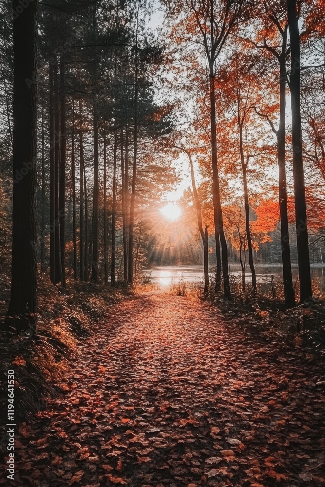 Naklejka premium Autumnal Path to Tranquility: A Sunset Serenade in the Woods