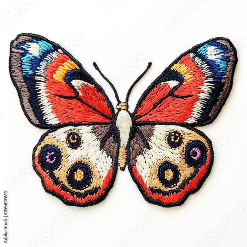 A butterfly embrodiery patch on white background.