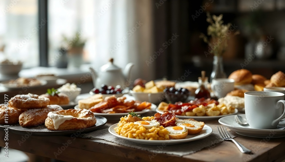 Naklejka premium An enticing breakfast buffet offering croissants, eggs, bread, fresh fruit, and hot coffee, ideal for a morning feast