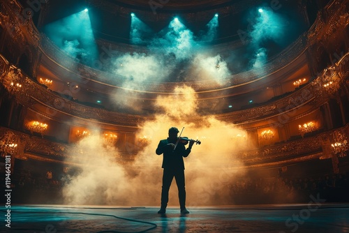 A solo violinist performs passionately amidst a smoky and dramatic concert stage, showcasing the artistry and soul-stirring power of live orchestral music.
