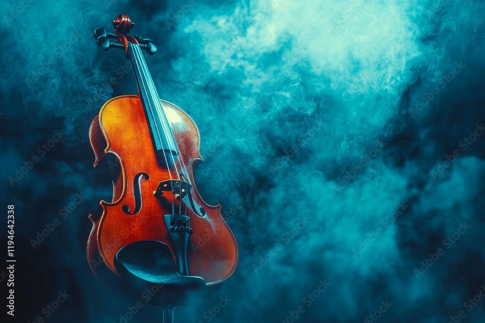 An artistic composition of a lone violin enveloped in swirling blue smoke, creating a mysterious and enchanting atmosphere with an ethereal quality.