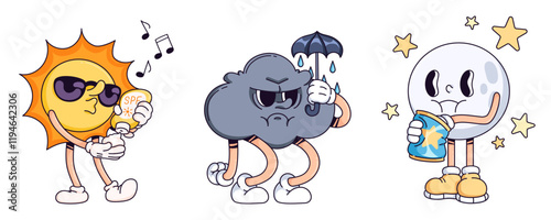 Groovy weather characters set isolated on white. Contemporary vector cartoon illustration of sun with spf sunscreen bottle, angry rainy cloud with umbrella, moon eating snack, 90s doodle mascots